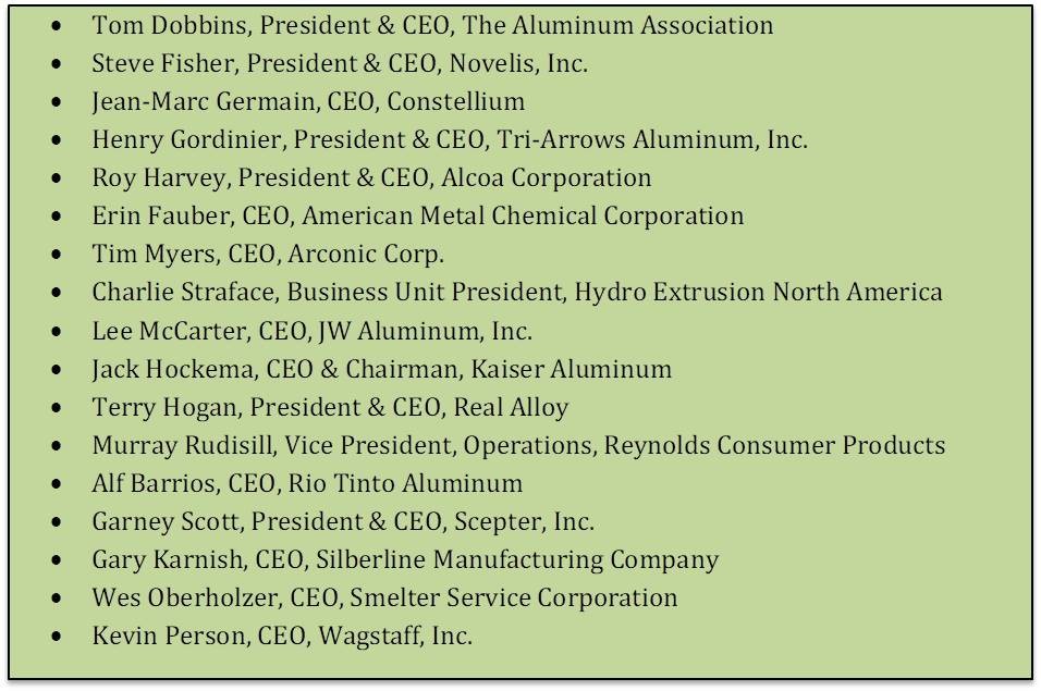 Signatories of US Aluminium CEO's opposing the 232 tariff on Canada
