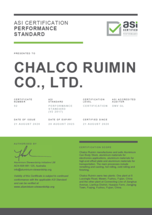 Chalco Ruimin Co., Ltd. achieves ASI Performance Standard certification for responsible aluminium production and sourcing