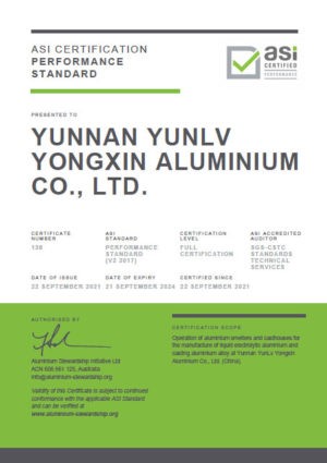 Yunnan YunLv Yongxin Aluminium Co., Ltd. receives ASI Performance Standard certification for aluminium smelting and casting operations