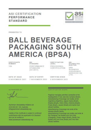 ASI certifies Ball Beverage Packaging South America against both Performance and Chain of Custody Standard Certification