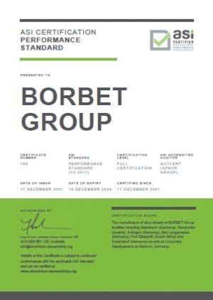 ASI certifies BORBET Group against Performance Standard Certification for responsible production at aluminium alloy wheels facilities