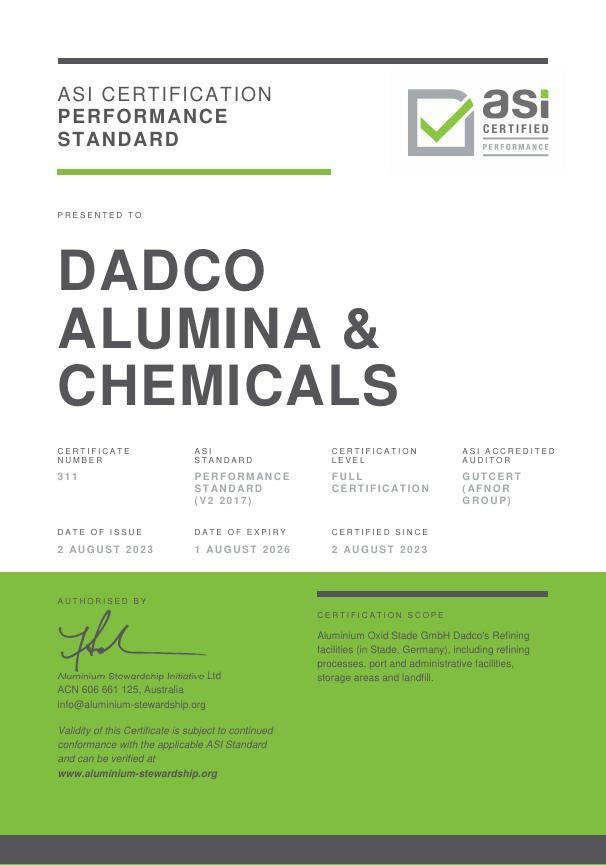 Dadco Alumina and Chemicals Ltd obtains ASI Performance Standard Certification for its AOS refinery