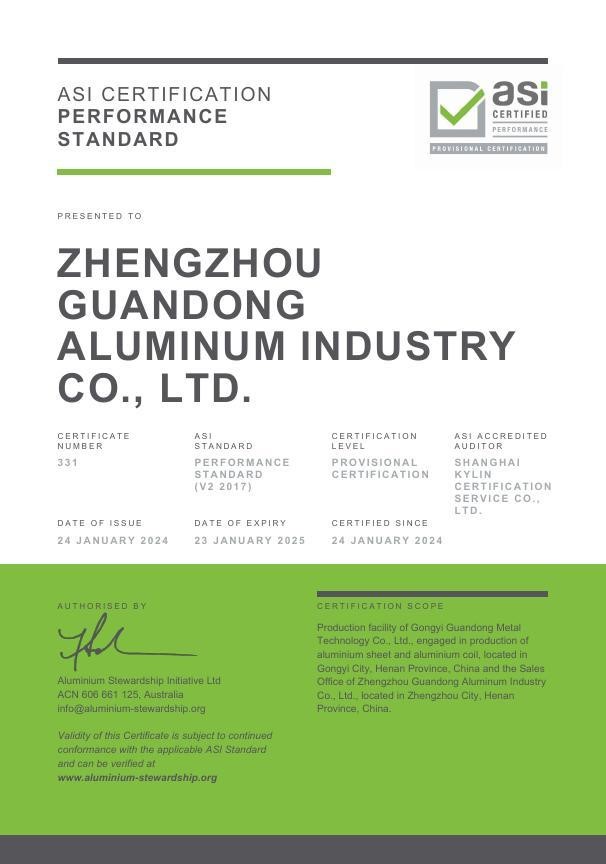 ASI grants Provisional Performance Standard Certification to Zhengzhou Guandong Aluminum for sheet & coil production