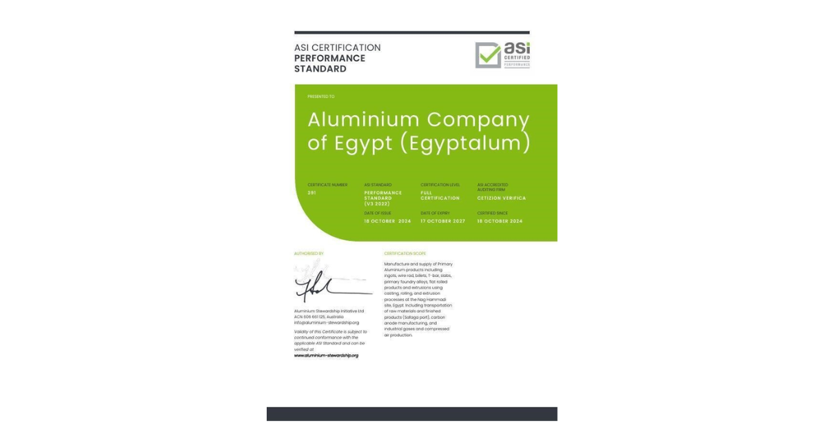 Egyptalum achieves the ASI Performance Standard V3 Certification for production and supply of primary aluminium products