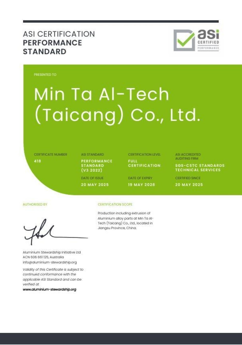 ASI certifies MinTa Aluminum Technology against Performance Standard V3