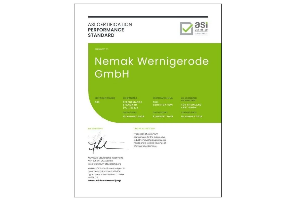 ASI certifies Nemak Wernigerode GmbH against Performance Standard V3.1