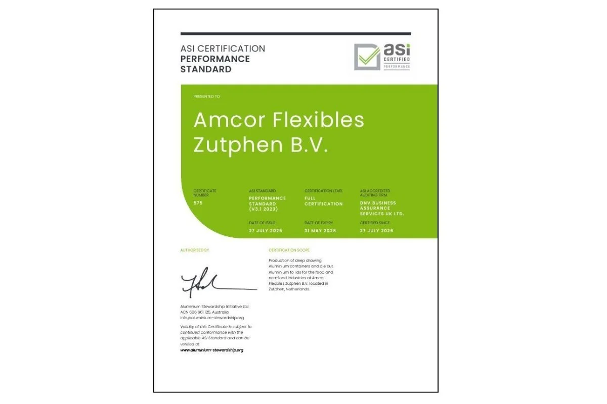 ASI certifies Amcor Flexibles Zutphen B.V. against Performance Standard V3.1 (Transitional – Principles 1-4)
