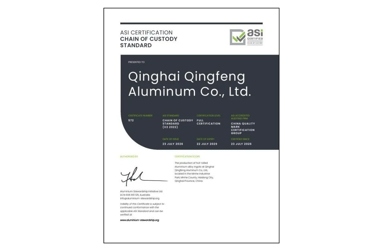 ASI certifies Qinghai Qingfeng Aluminum Co., Ltd. against Chain of Custody Standard V2