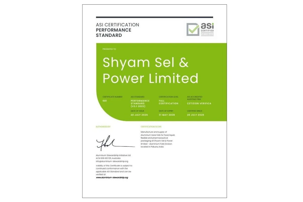 ASI certifies Shyam Sel & Power Limited against Performance Standard V3.1