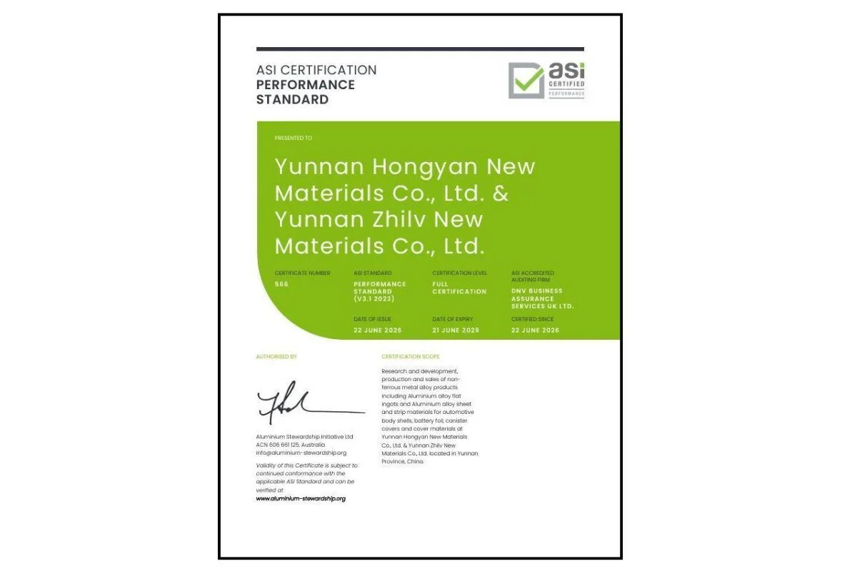 ASI certifies Yunnan Hongyan New Materials Co., Ltd. & Yunnan Zhilv New Materials Co., Ltd. against Performance Standard V3.1