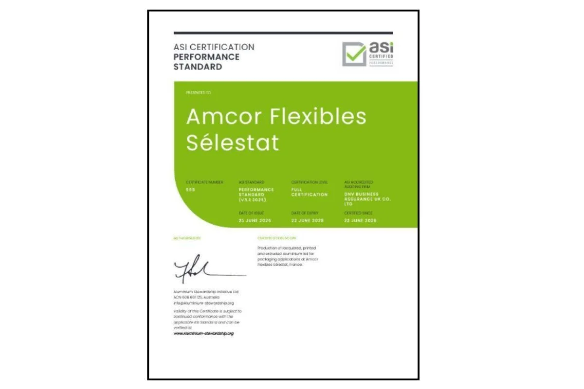 ASI certifies Amcor Flexibles Sélestat against Performance Standard V3.1