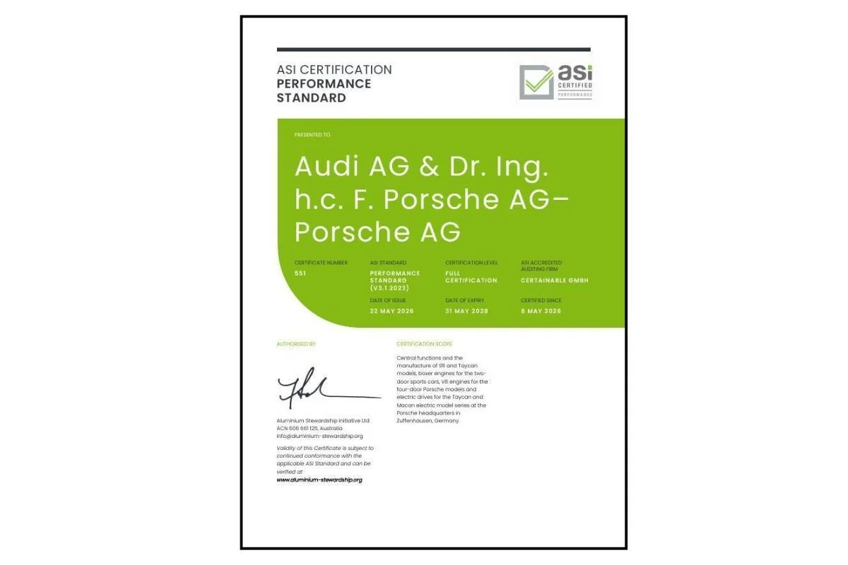 ASI certifies Porsche against Performance Standard V3.1 (Transitional – Principles 1-4)