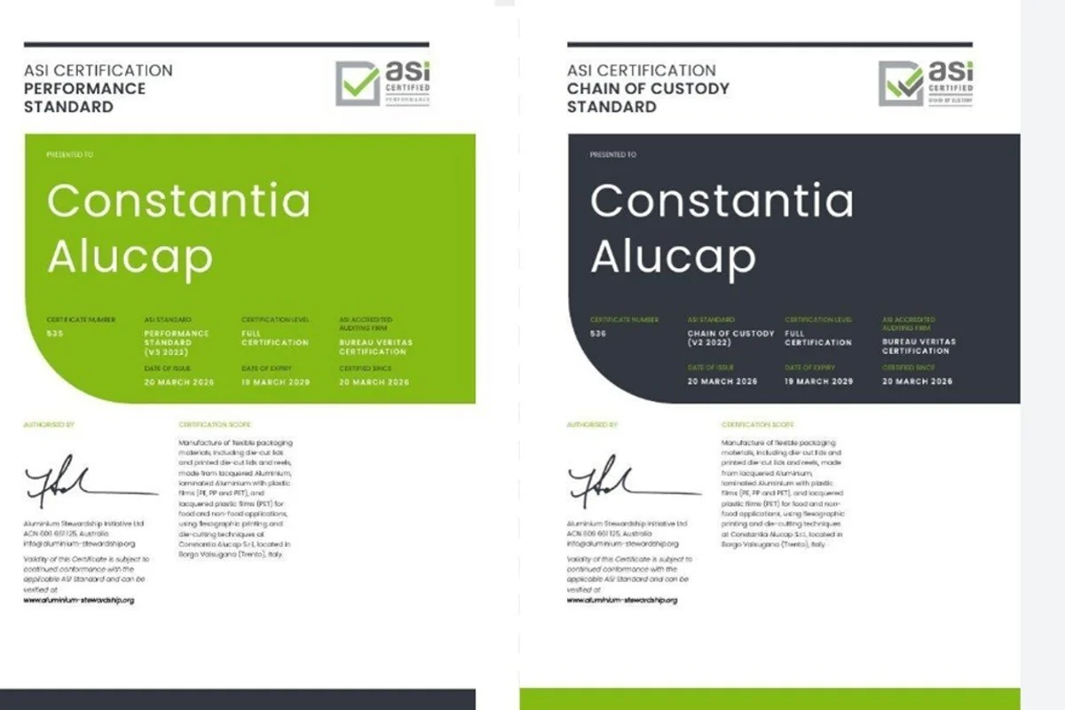 ASI certifies Constantia Alucap against Performance Standard V3.1 and Chain of Custody V2