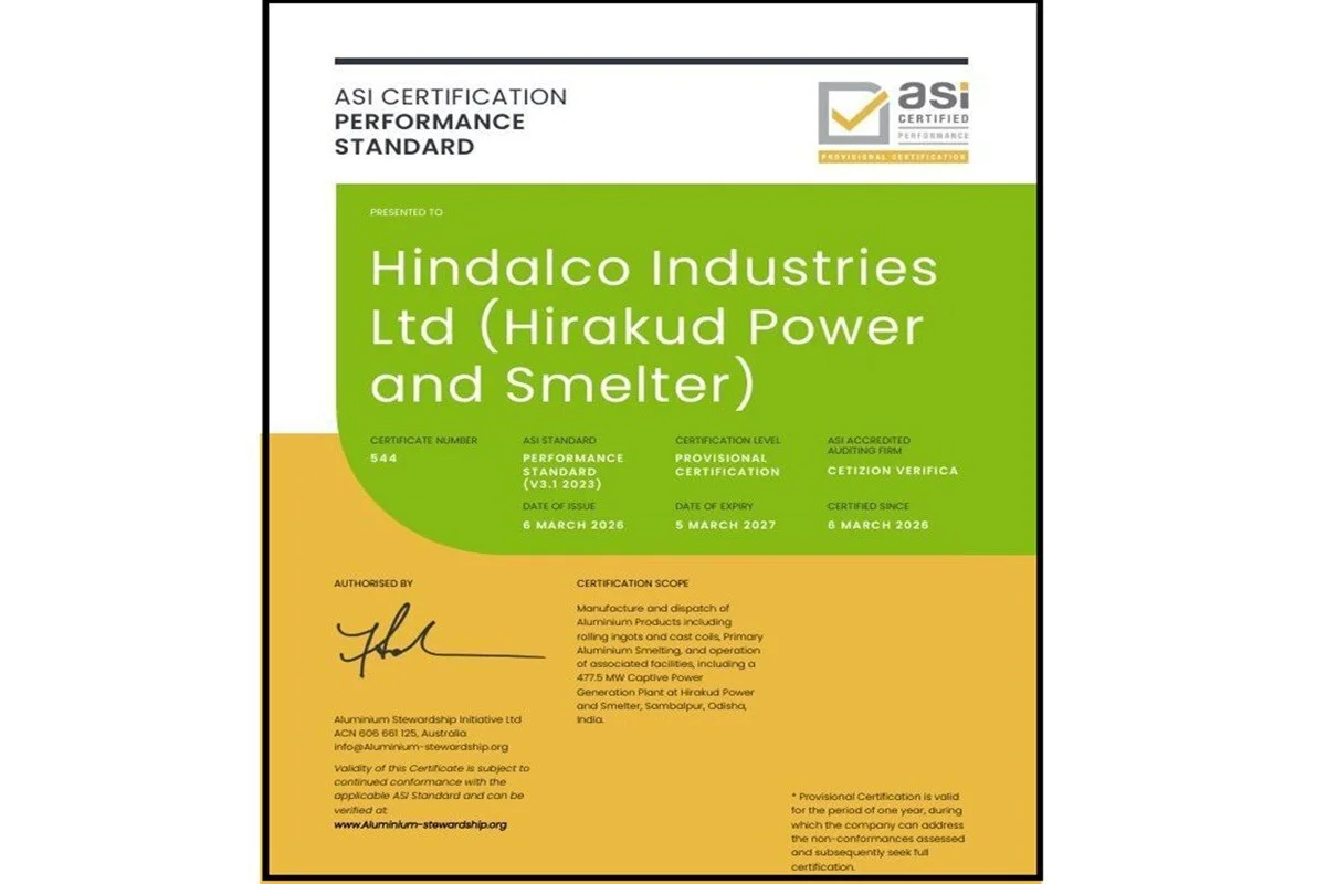 ASI certifies Hindalco Industries Ltd (Hirakud Power and Smelter) against Performance Standard V3.1 with Provisional status