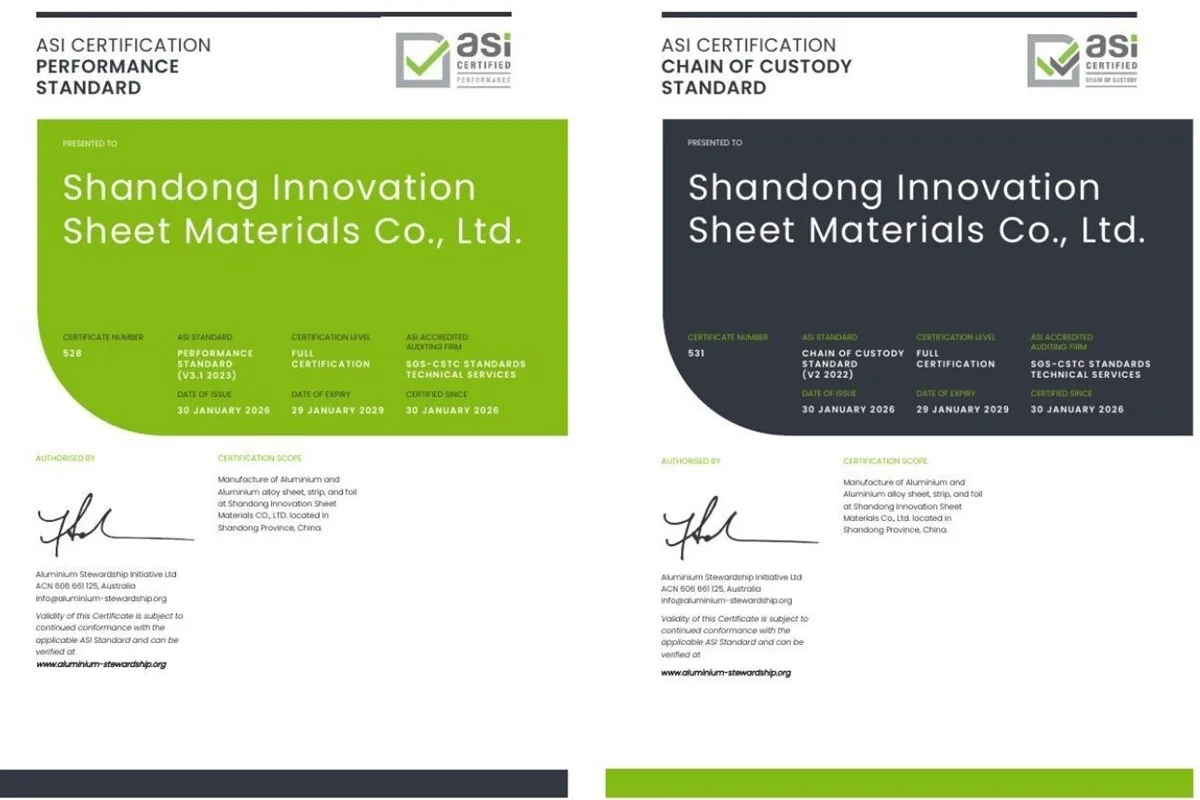ASI certifies Shandong Innovation Sheet Materials Co., Ltd. against Performance Standard V3.1 and Chain of Custody V2