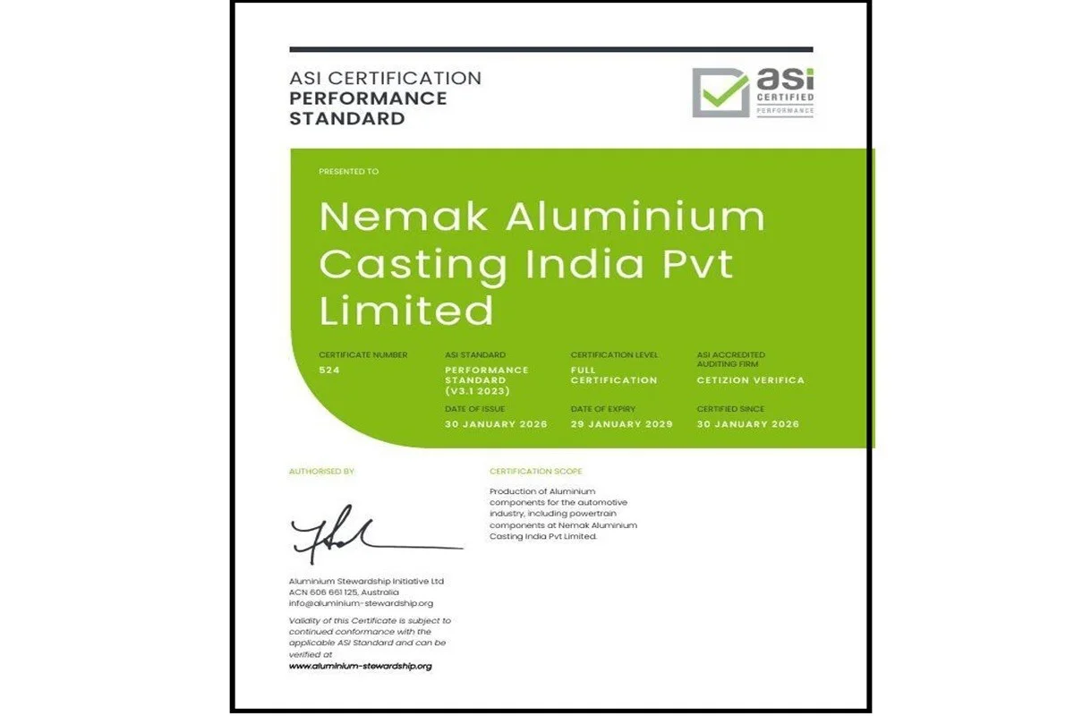 ASI certifies Nemak Aluminium Casting India Pvt Limited against Performance Standard V3.1