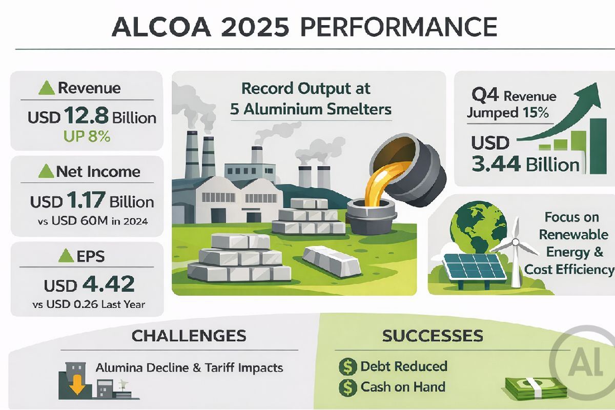 Alcoa 2025 performance: Revenue jumped 15% in Q4, supported by record output at five aluminium smelters