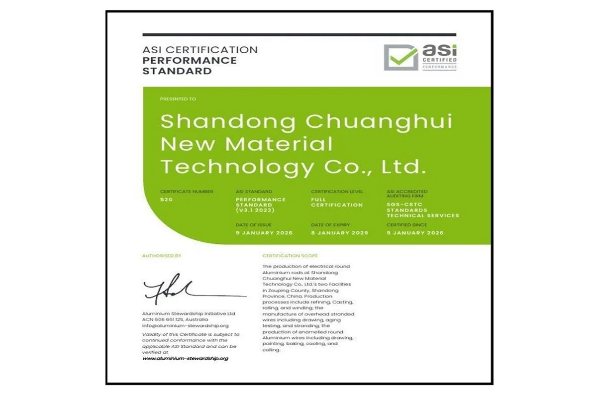 ASI certifies Shandong Chuanghui New Material Technology Co., Ltd. against Performance Standard V3.1