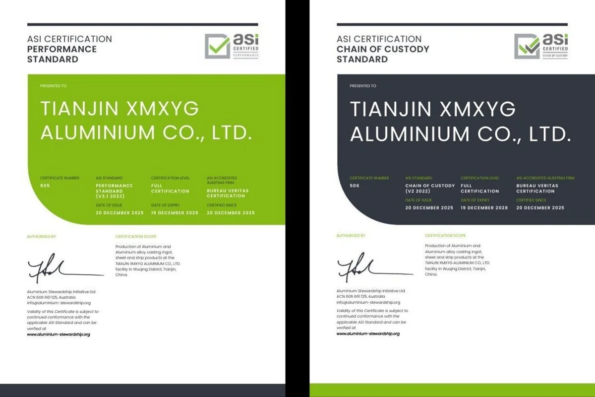 ASI certifies TIANJIN XMXYG ALUMINIUM CO., LTD. against Performance Standard V3.1 and Chain of Custody V2