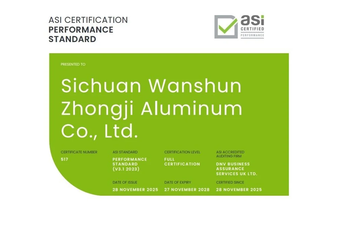 ASI certifies Sichuan Wanshun Zhongji Aluminum Co., Ltd. against Performance Standard V3.1 and Chain of Custody V2