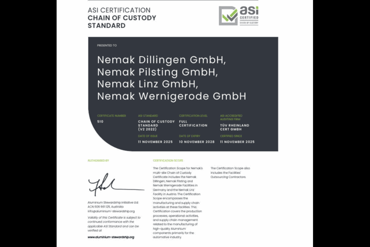 ASI certifies Nemak Dillingen GmbH, Nemak Pilsting GmbH, Nemak Linz GmbH and Nemak Wernigerode GmbH against Chain of Custody Standard V2