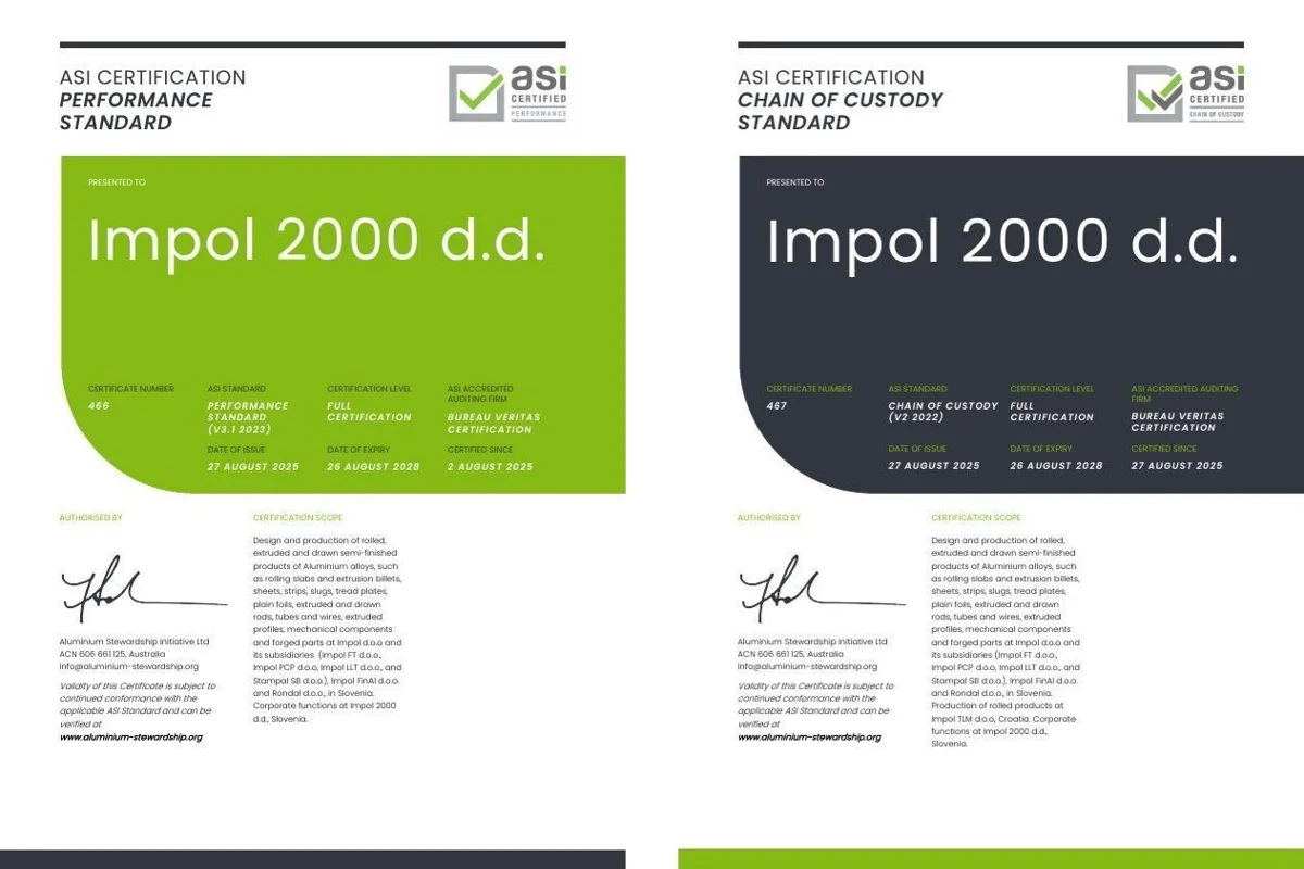 ASI certifies Impol 2000, d. d. against performance standard V3.1 and chain of custody V2