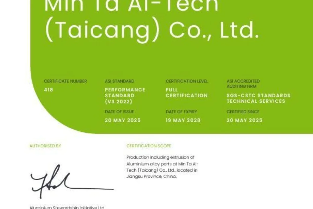 ASI certifies MinTa Aluminum Technology against Performance Standard V3
