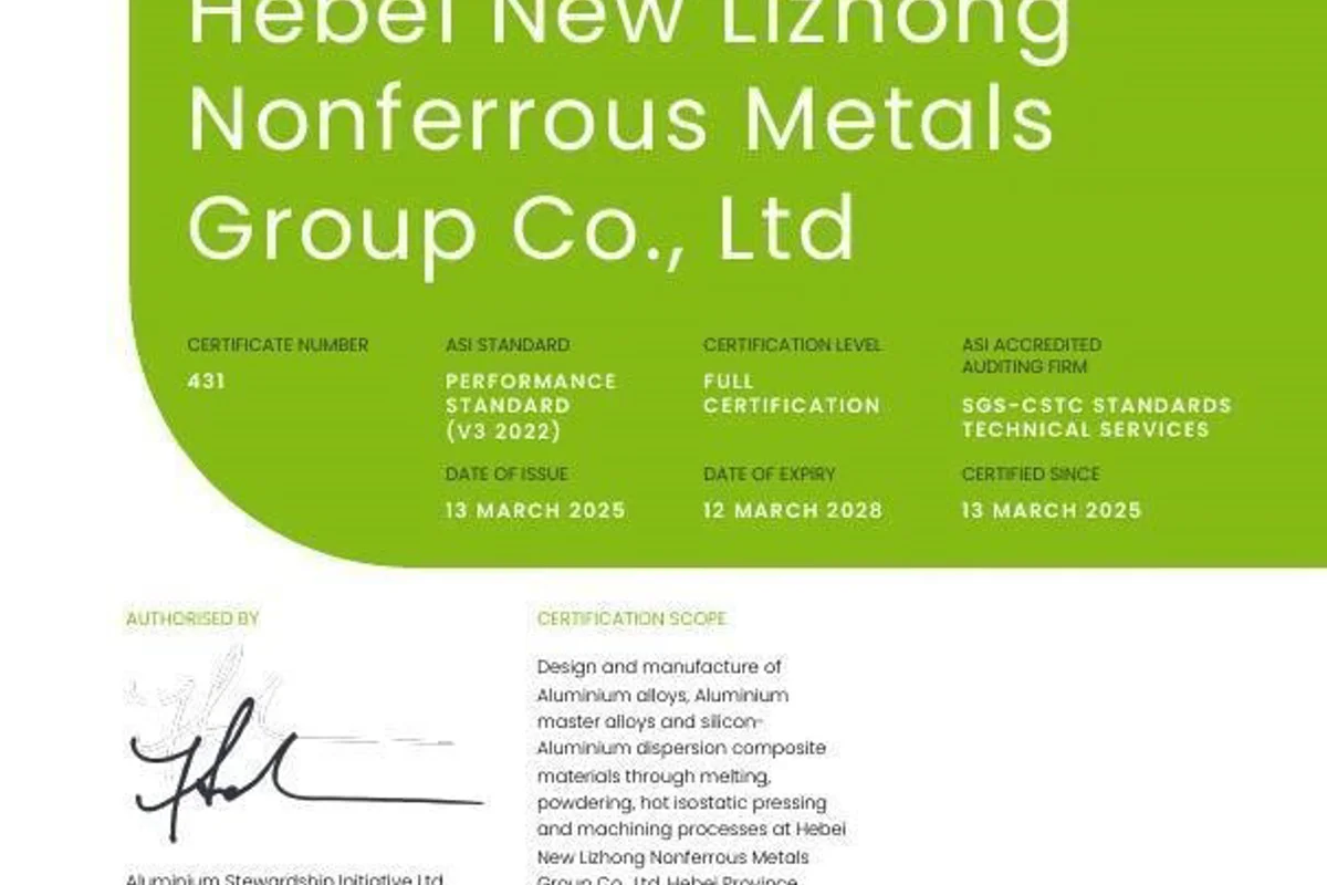 ASI certifies Lizhong Group against Performance Standard V3