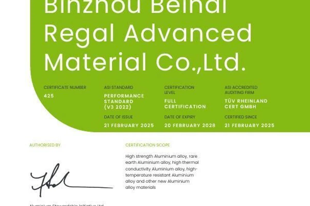 ASI certifies Binzhou Beihai Regal Advanced Material Co., Ltd. against Performance Standard V3