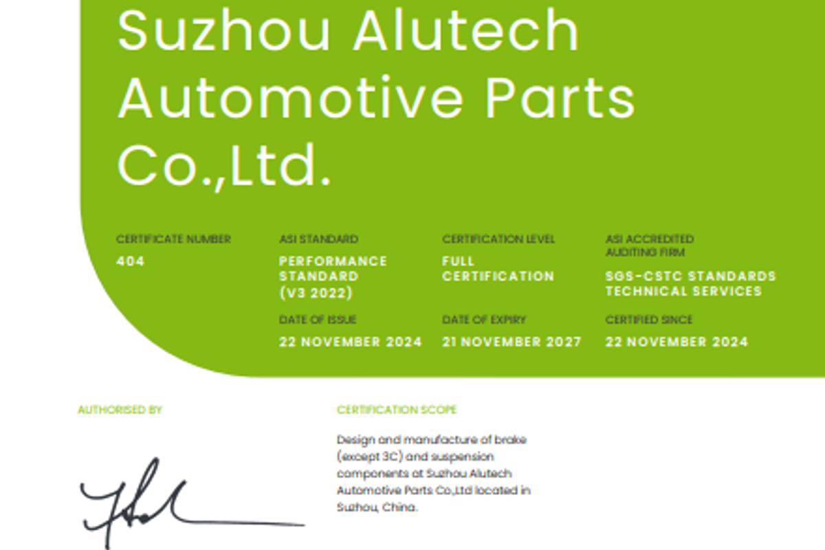 ASI accredits Alutech Automotive Parts with the Performance Standard V3 (2022) certification