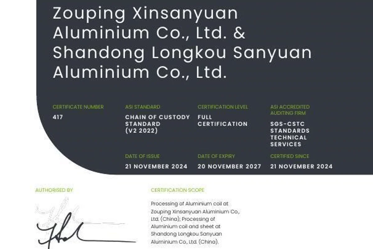 Dual Chinese facilities obtain ASI Chain of Custody Standard Certification for aluminium coil and sheet processing