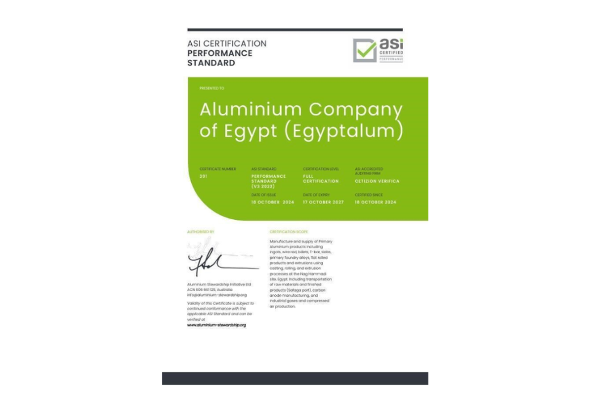 Egyptalum achieves the ASI Performance Standard V3 Certification for production and supply of primary aluminium products