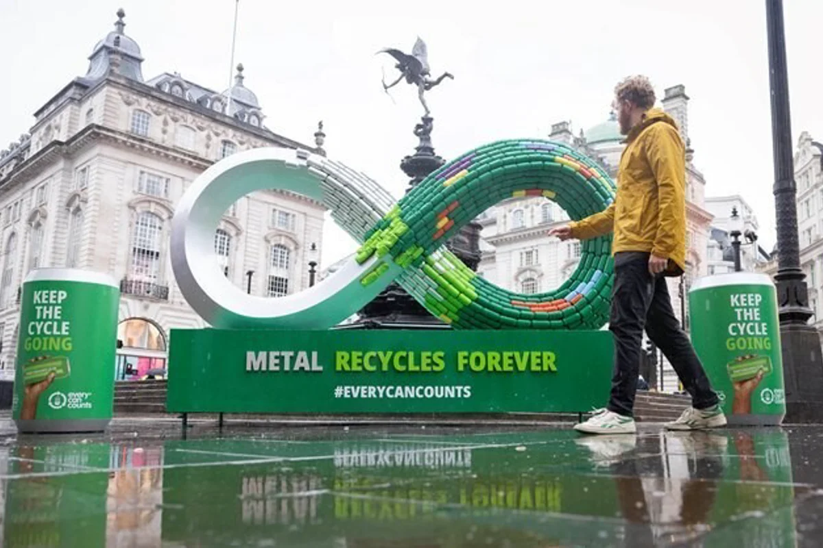 Inspiring recycling with ECC: Giant infinity artwork featuring 1200 recycled aluminium cans at Piccadilly Circus