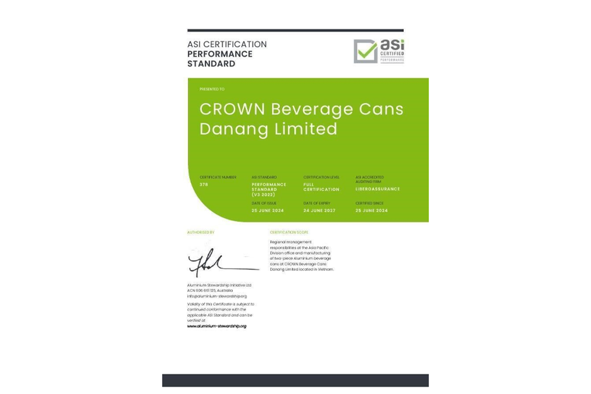 Crown Holdings achieves the ASI Performance Standard V3 (2022) Certification for its operations in Vietnam
