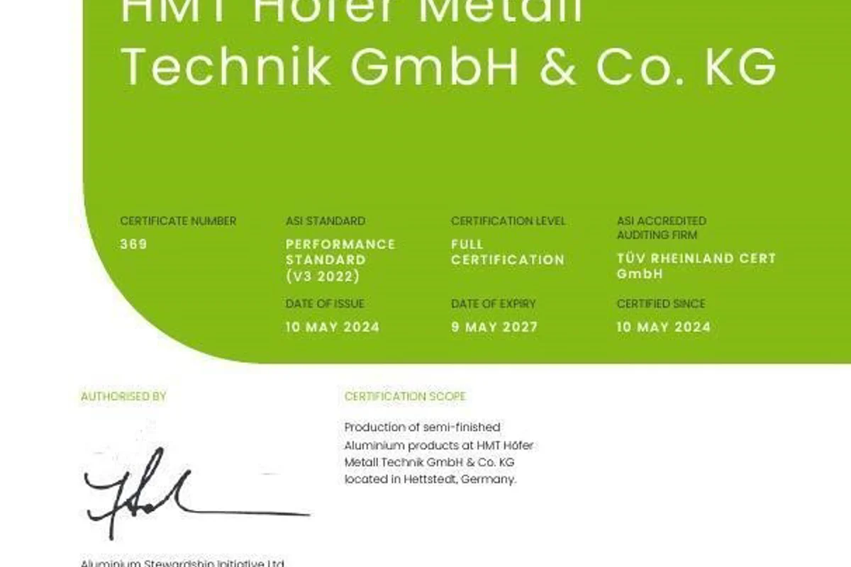 Germany-based aluminium extrusion plant obtains ASI Performance Standard Certification