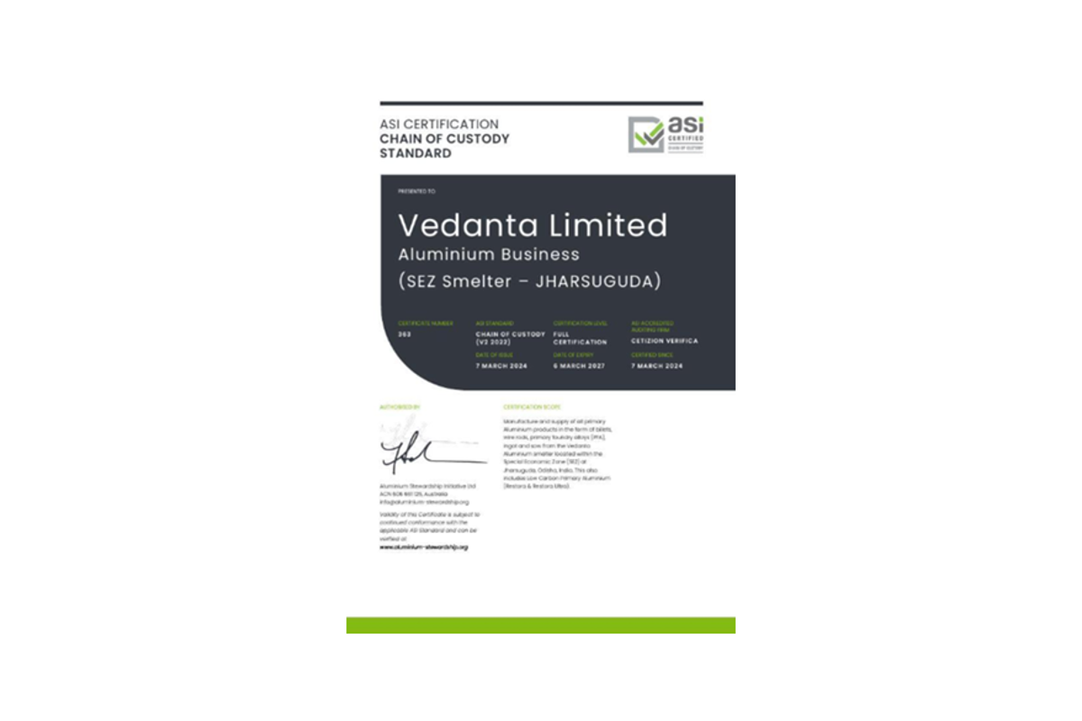 Vedanta’s Jharsuguda aluminium smelter achieves the ASI Chain of Custody (CoC) Standard V2 Certification