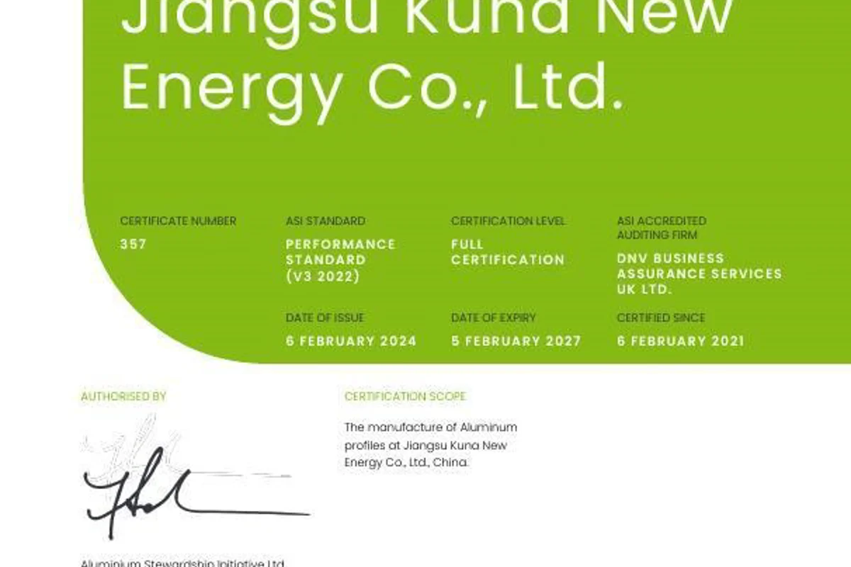 Jiangsu Kuna New Energy Co., Ltd. bags ASI Performance Standard certification for aluminium profiles production