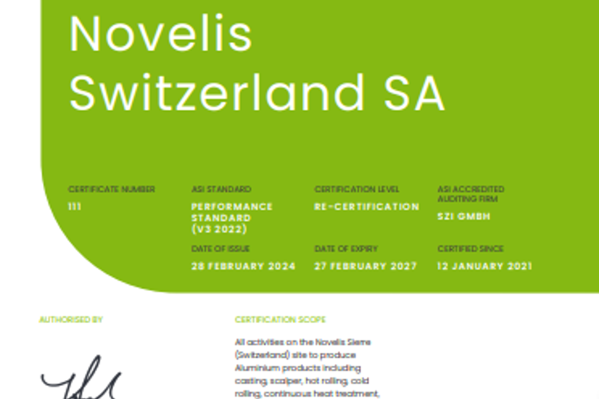 ASI accredits Novelis Sierre with the Performance Standard V3 certification