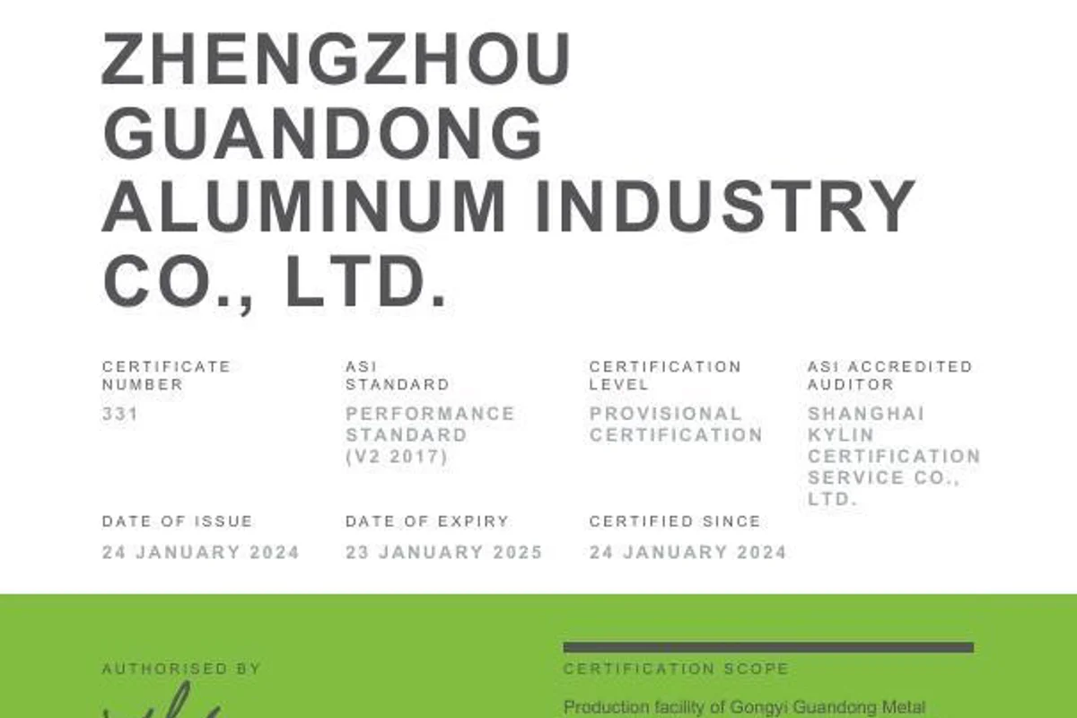 ASI grants Provisional Performance Standard Certification to Zhengzhou Guangdong Aluminum for sheet & coil production