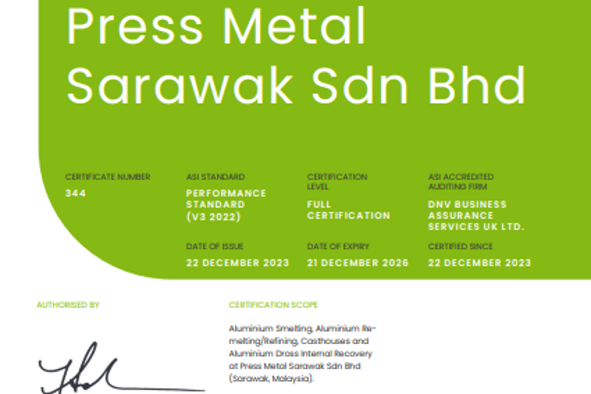 ASI accredits Press Metal Sarawak with the Performance Standard V3 (2022) Certification