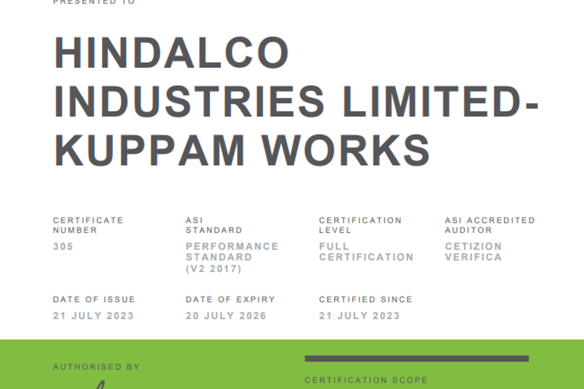 Hindalco's Kuppam Works achieves ASI Performance Standard certification