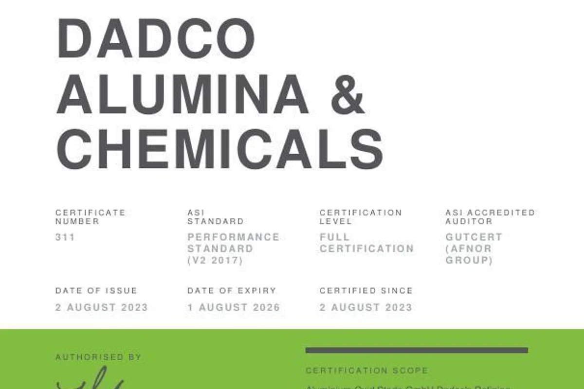 Dadco Alumina and Chemicals Ltd obtains ASI Performance Standard Certification for its AOS refinery