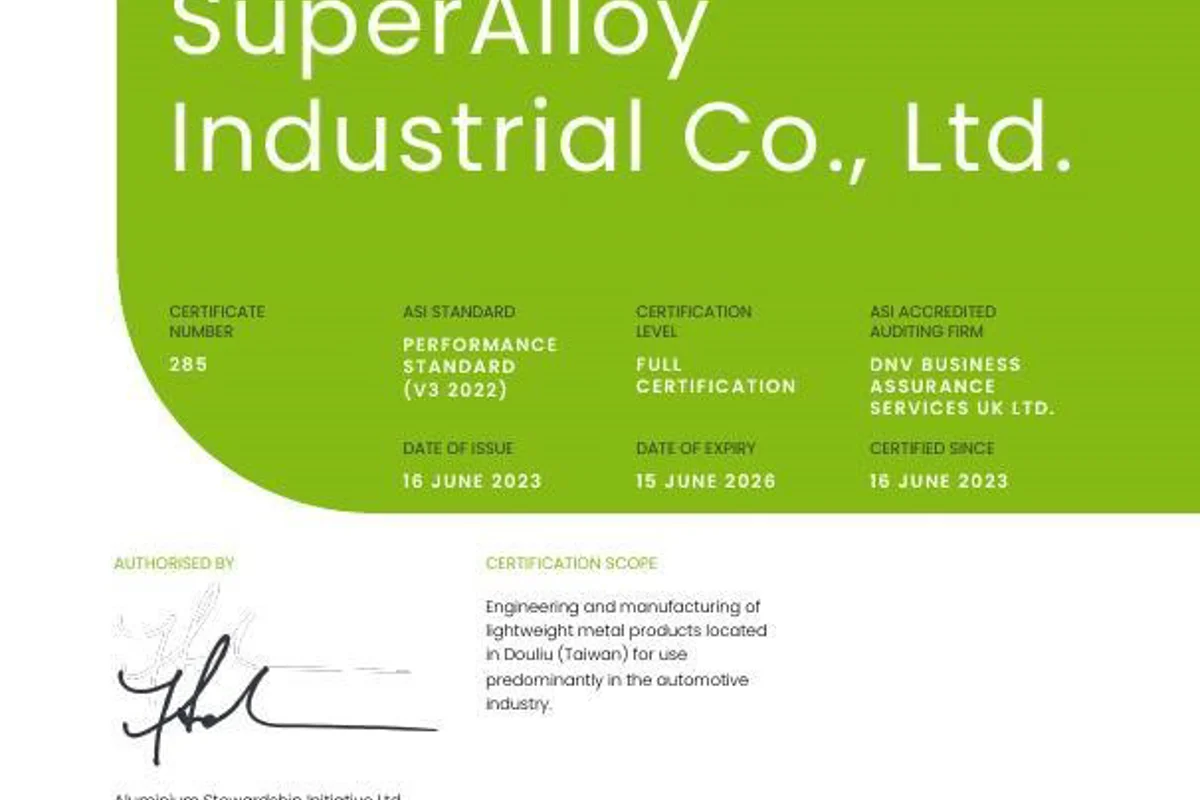 SuperAlloy Industrial achieves ASI Performance Standard V3 Certification for forged aluminium wheels production