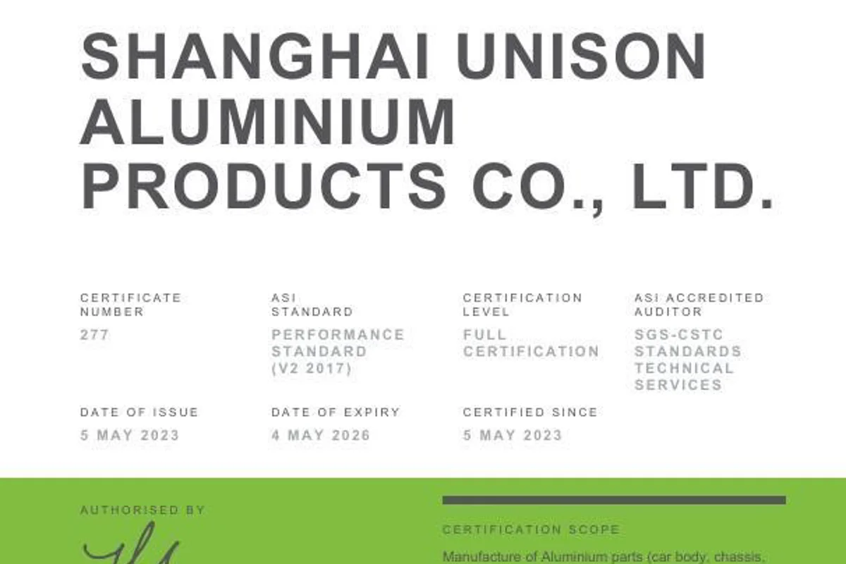 Shanghai Unison Aluminium Products Co., Ltd. bags ASI certification for auto body parts production