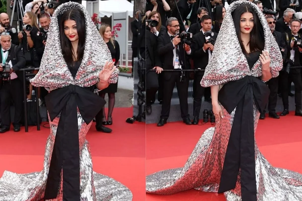 Former Miss World graces the French Riviera in a Sophie Couture aluminium gown