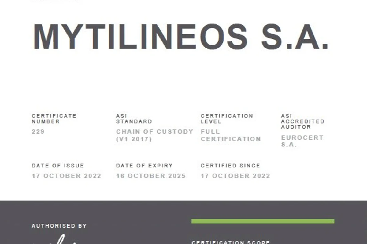 MYTILINEOS S.A. receives ASI Chain of Custody (CoC) Standard V1 (2017) Certification for its upstream activities