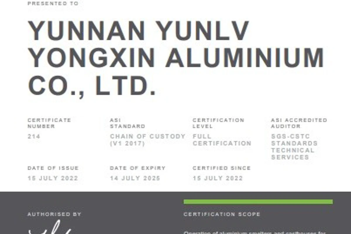 ASI grants Chain of Custody Standard certification to Yunnan YunLv Yongxin Aluminium Co., Ltd.