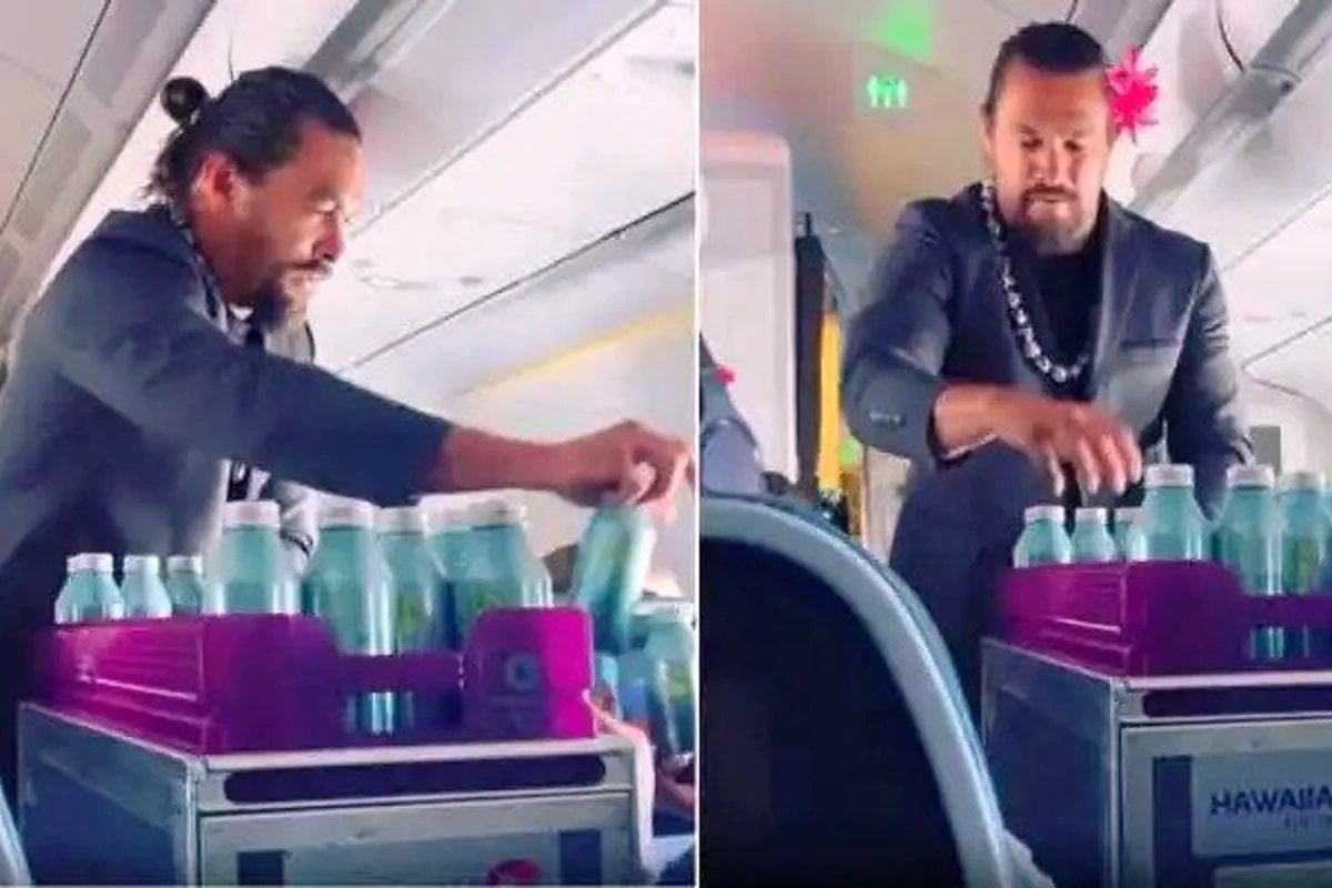 Jason Momoa amazes Hawaiian Airlines passengers by distributing Mananalu aluminium water bottles