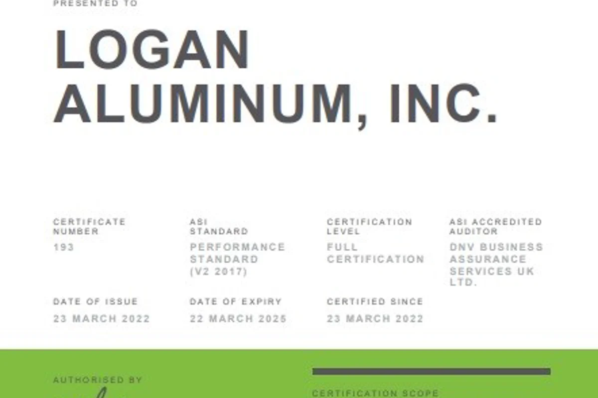 Logan Aluminum receives ASI Performance Standard Certification