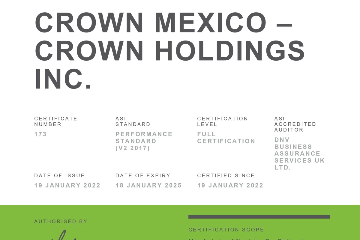 Crown Holdings Inc. receives ASI accreditation for its beverage can units in Mexico